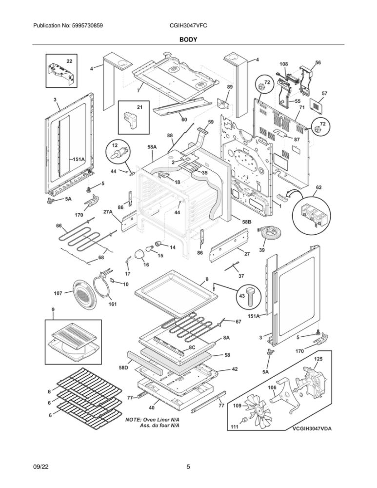 Body Diagram and Parts List for CGIH3047VFC  Frigidaire Range
