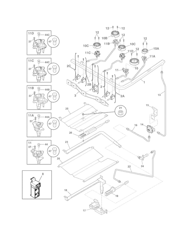 Burner Diagram and Parts List for FGGF3041KFN  Frigidaire Range