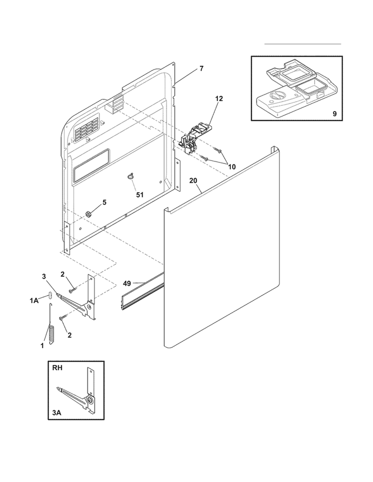 Door Diagram and Parts List for FDB1450CHB4A  Frigidaire Dishwasher