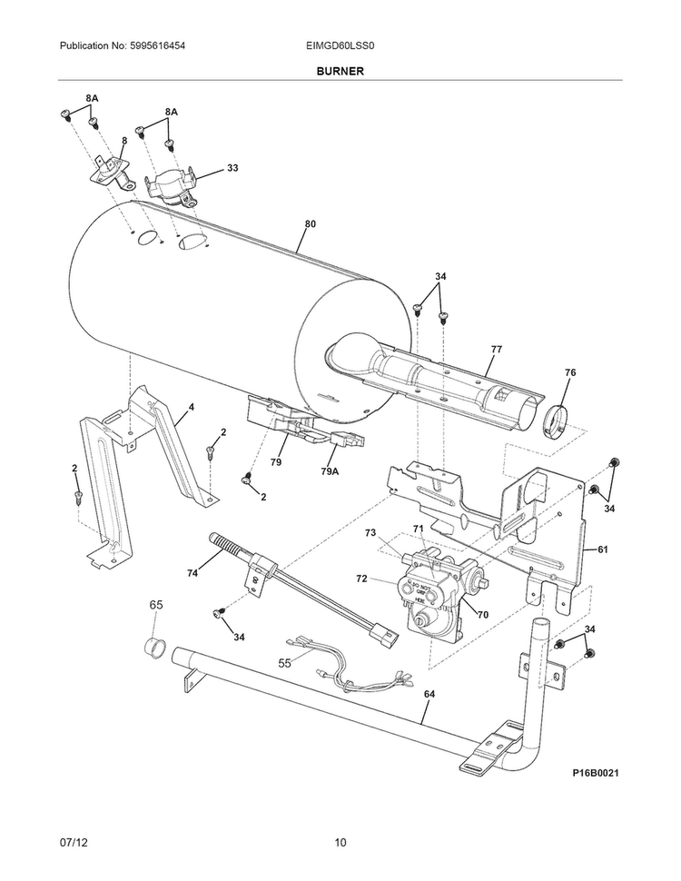 Burner Diagram and Parts List for EIMGD60LSS0  Electrolux Dryer