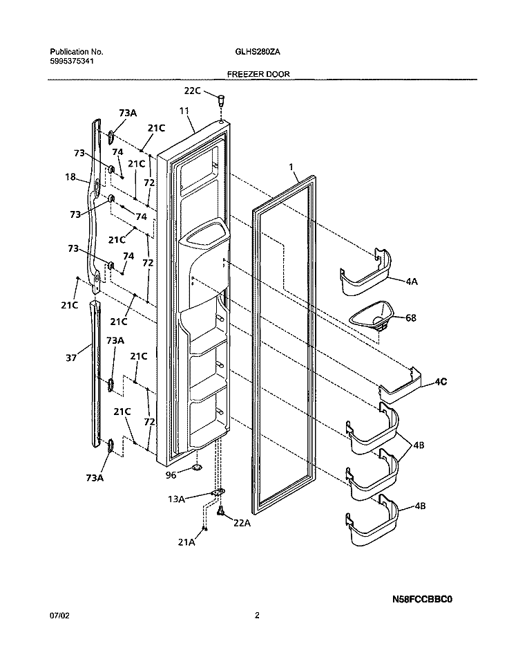 FREEZER DOOR Diagram and Parts List for GLHS280ZAB4  Frigidaire Refrigerator