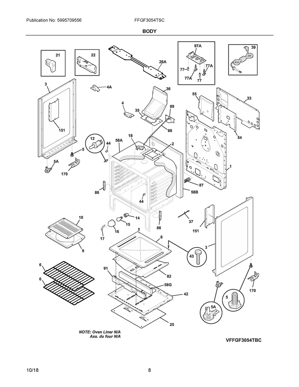 Body Diagram and Parts List for FFGF3054TSC  Frigidaire Range