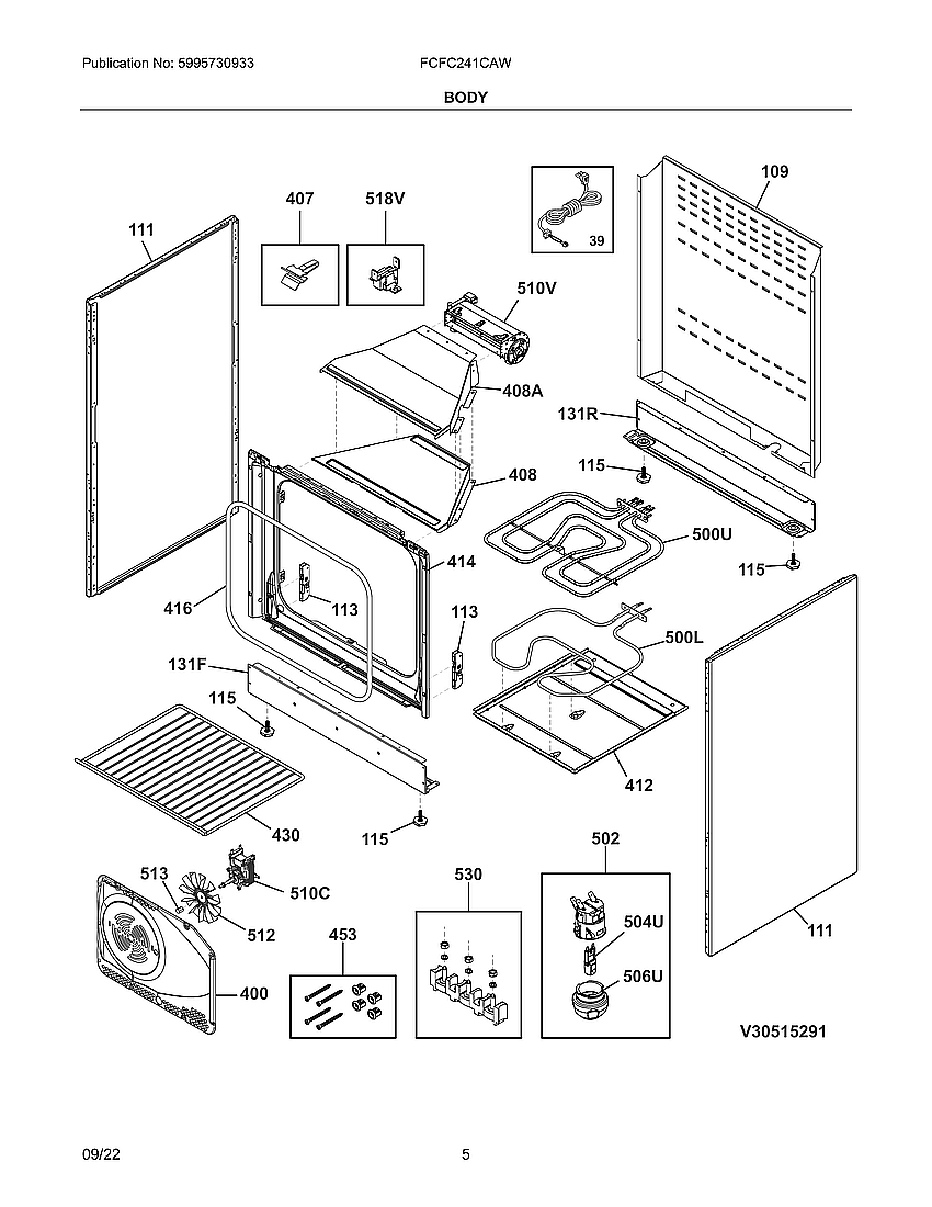 Body Diagram and Parts List for FCFC241CAW  Electrolux Range