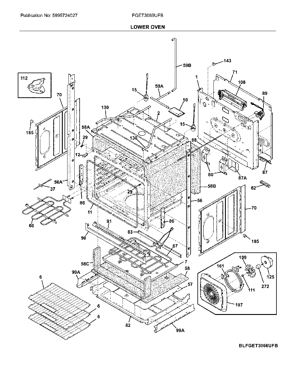 Lower oven Diagram and Parts List for FGET3069UFB  Frigidaire Wall Oven