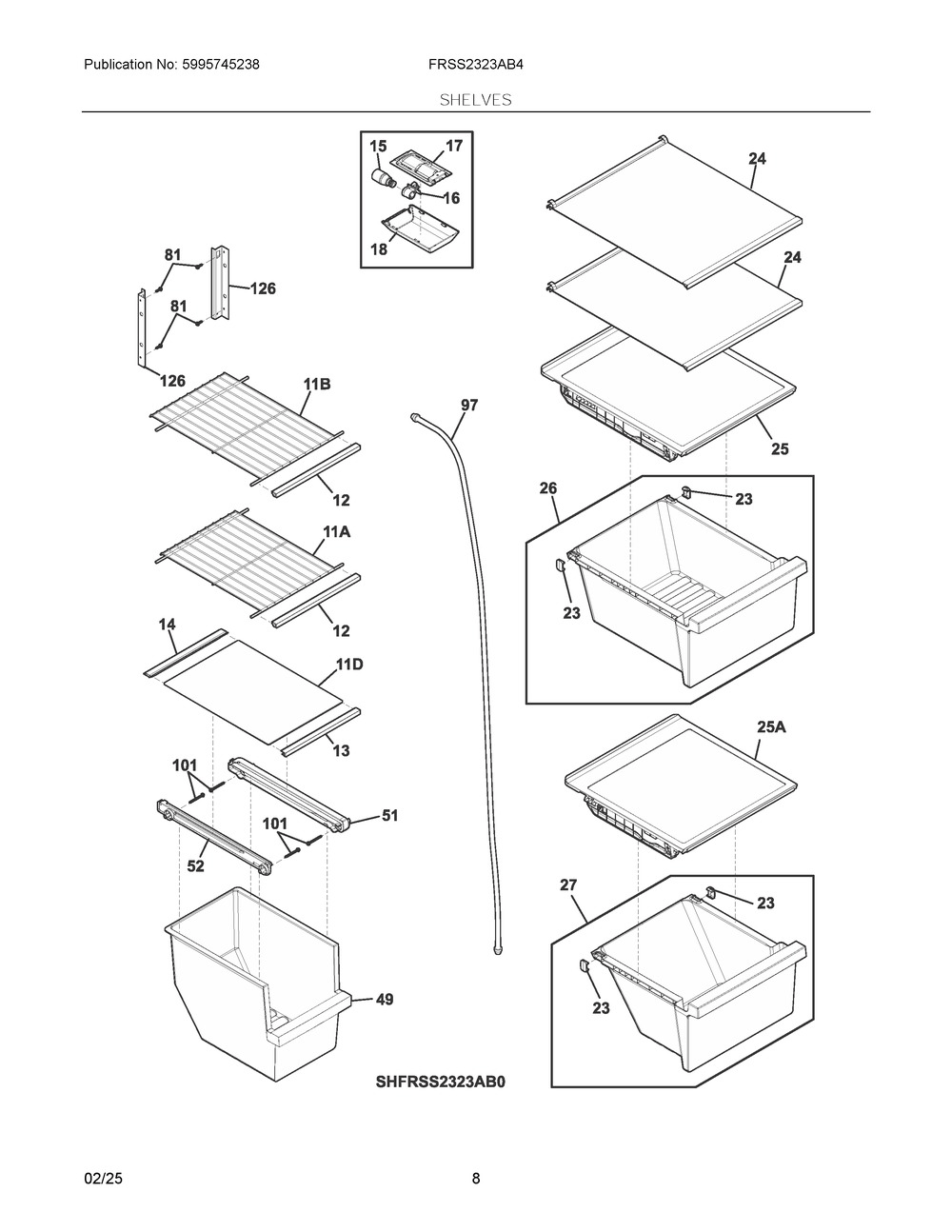 Shelves Diagram and Parts List for FRSS2323AB4  Frigidaire Refrigerator