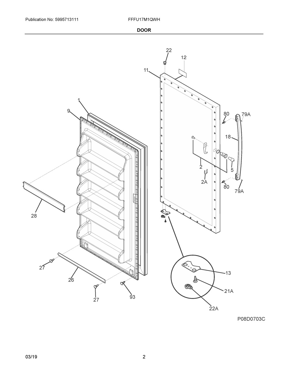 Door Diagram and Parts List for FFFU17M1QWH  Frigidaire Freezer