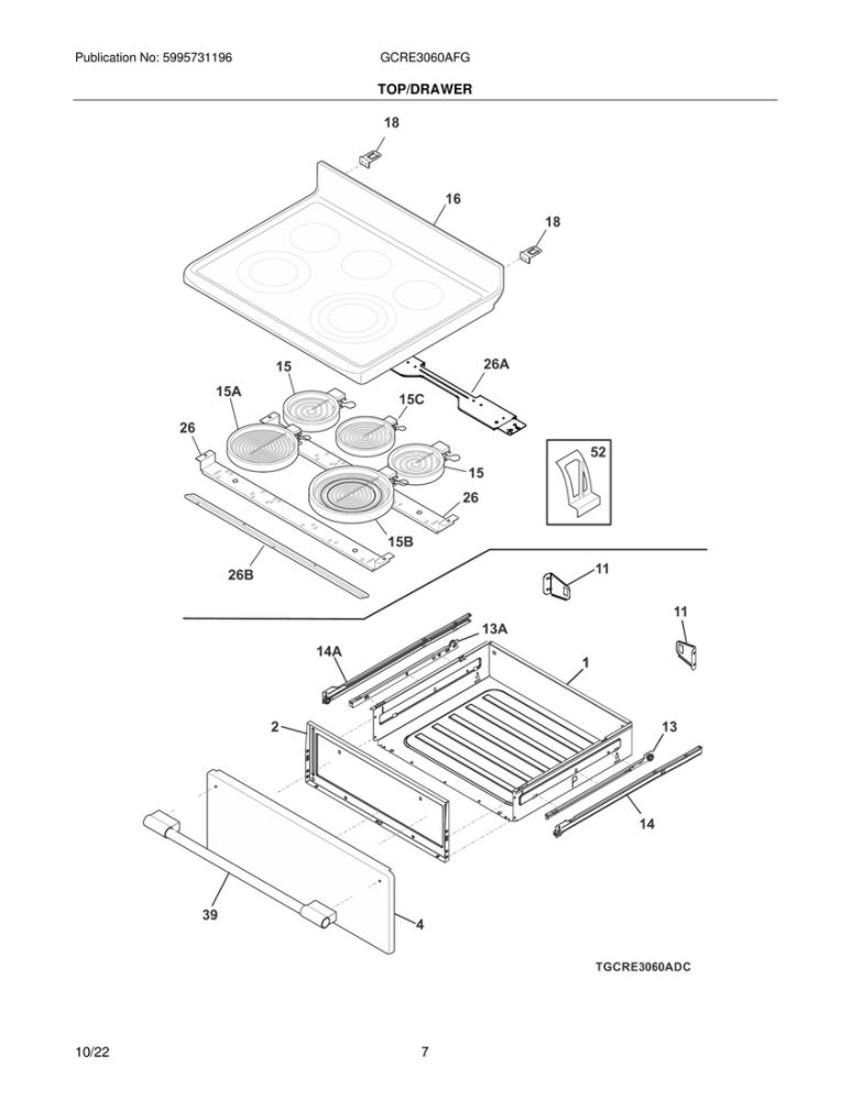 Top/Drawer Diagram and Parts List for GCRE3060AFG  Frigidaire Range