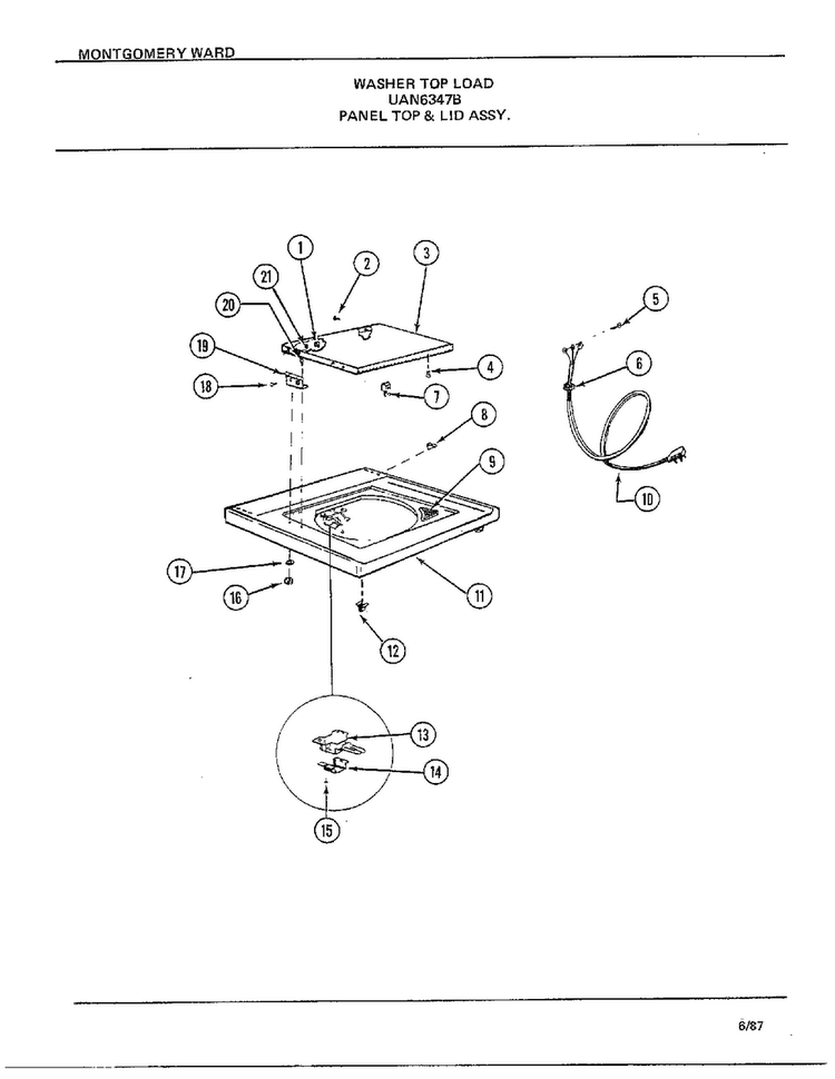 Panel Top And Lid Assy Diagram and Parts List for 6347B  Frigidaire Washer