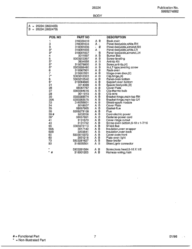 Body Page 2 Diagram and Parts List for 282247B  Frigidaire Range