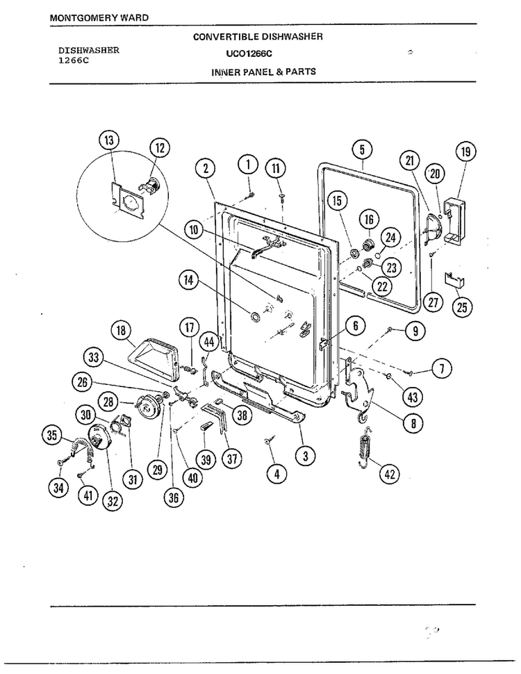 Inner Panel & Parts Diagram and Parts List for 1266C  Frigidaire Dishwasher