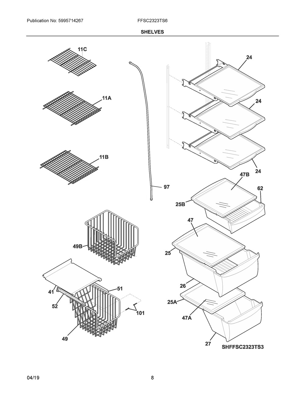 Shelves Diagram and Parts List for FFSC2323TS6  Frigidaire Refrigerator