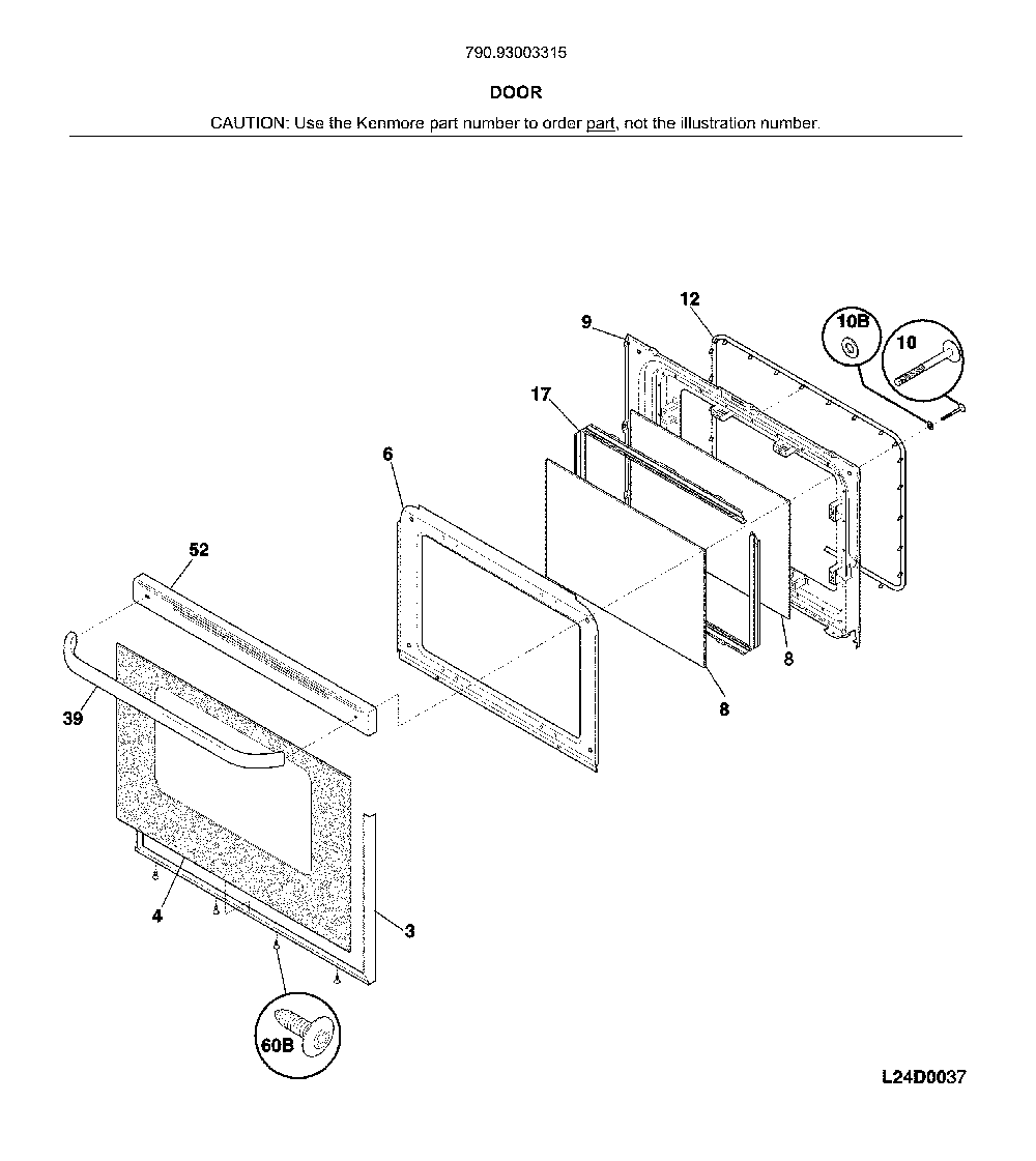 Door Diagram and Parts List for 79093003315  Kenmore Range