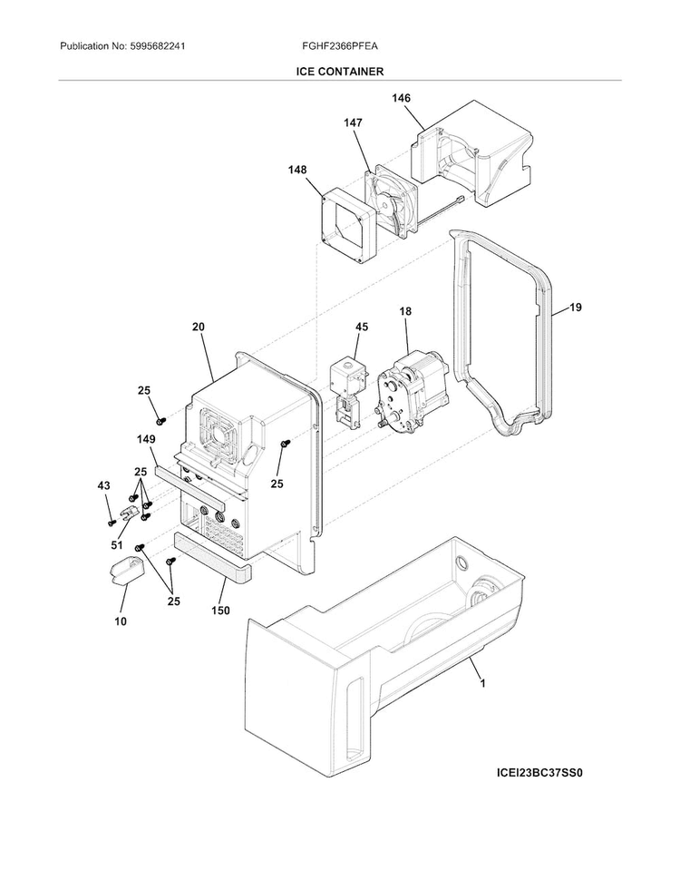 Ice Container Diagram and Parts List for FGHF2366PFEA  Frigidaire Refrigerator