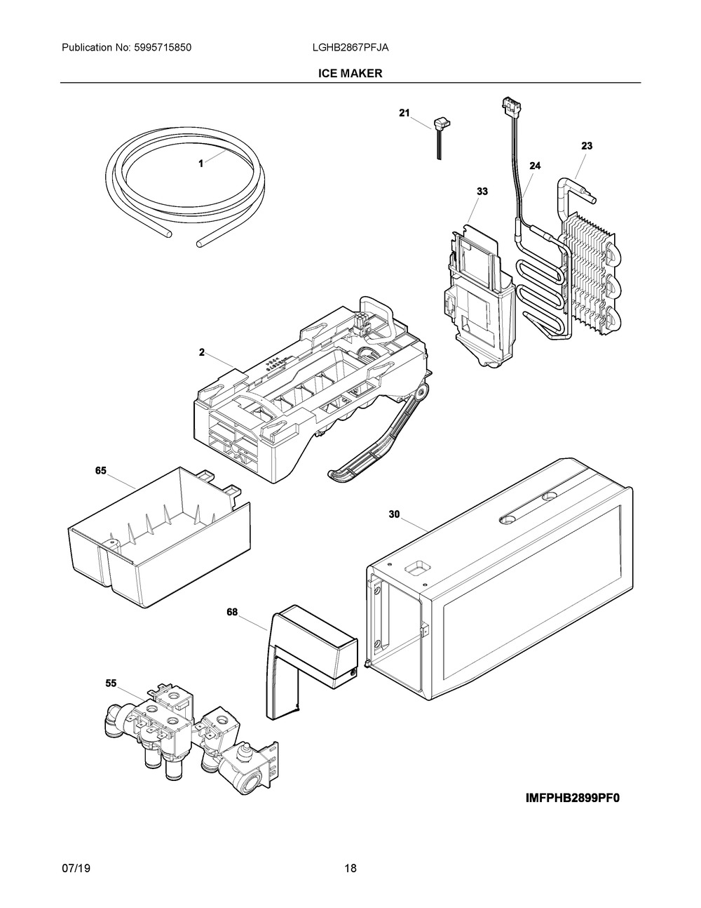 Ice Maker Diagram and Parts List for LGHB2867PFJA  Frigidaire Refrigerator