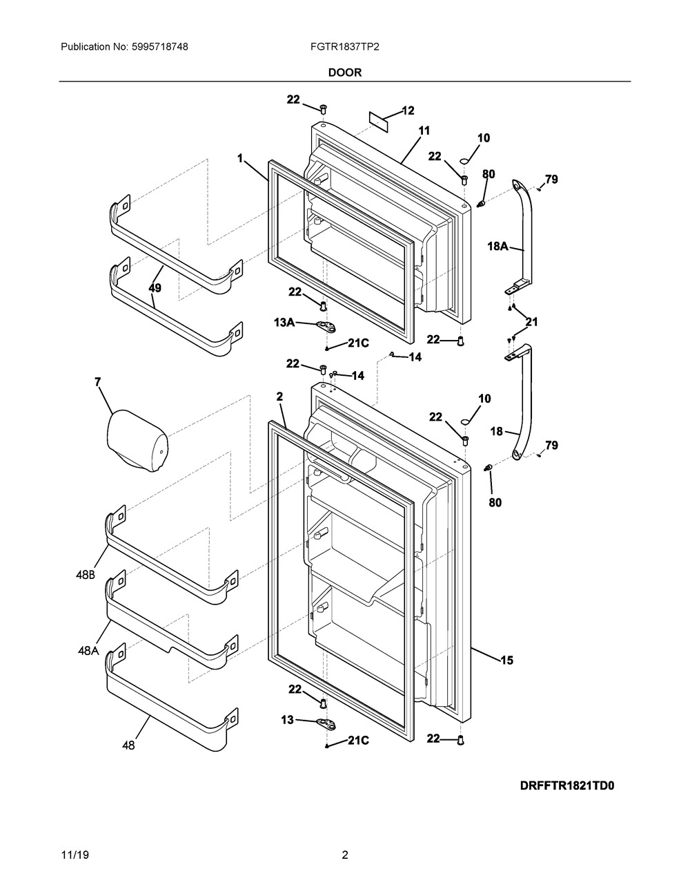 Door Diagram and Parts List for FGTR1837TP2  Frigidaire Refrigerator