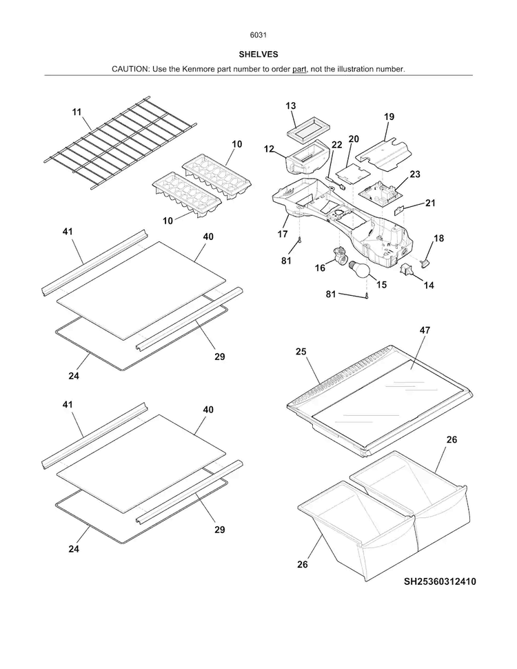 Shelves Diagram and Parts List for 25360312414  Kenmore Refrigerator