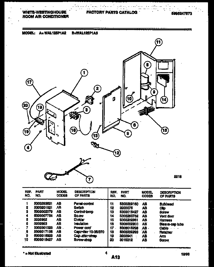ELECTRICAL PARTS Diagram and Parts List for WAL125P1A3  Frigidaire Air Conditioner