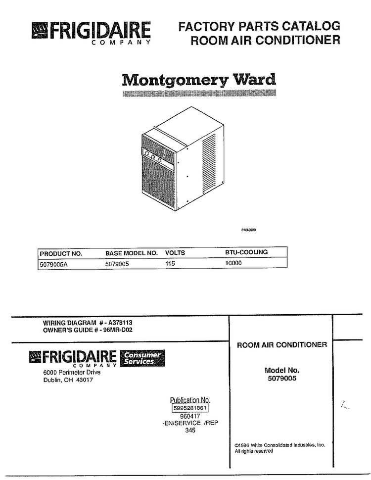 Room Air Conditioner Diagram and Parts List for 5079005A  Frigidaire Air Conditioner