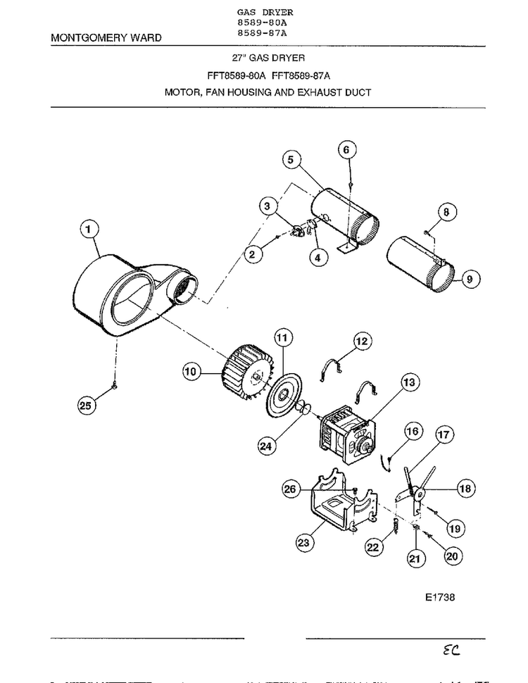 Motor, Fan Housing And Exhaust Duct Diagram and Parts List for 8589-87A  Frigidaire Dryer