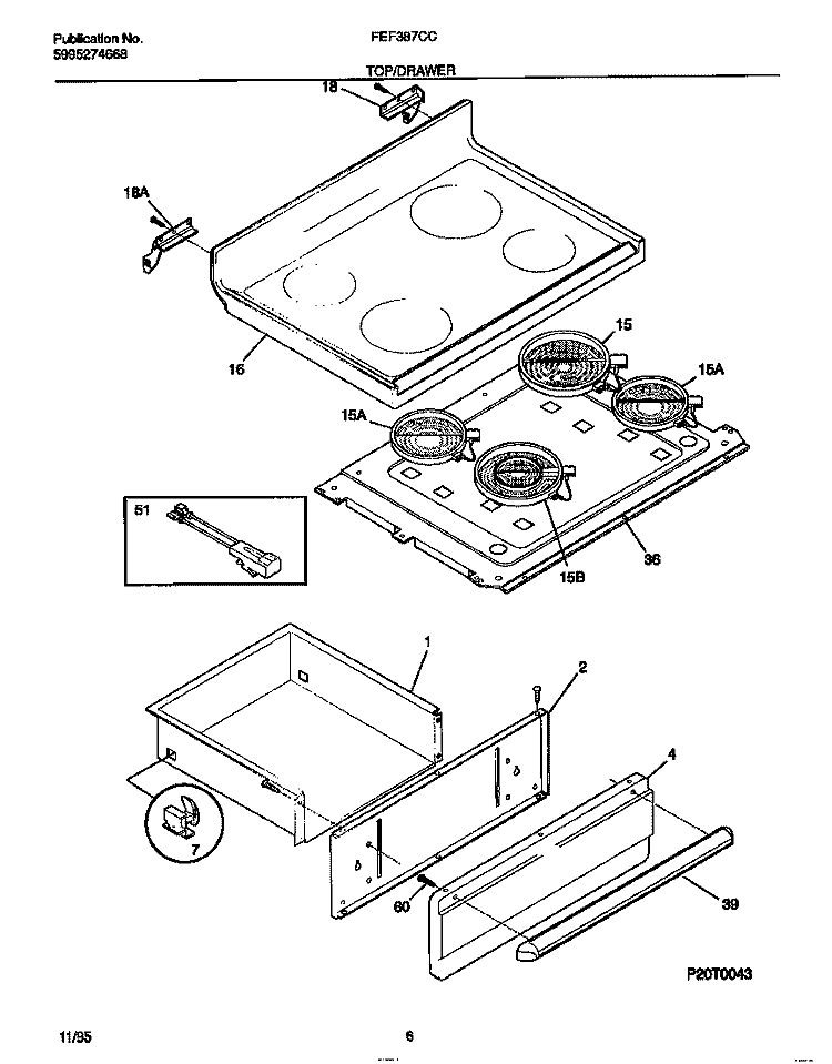 TOP / DRAWER Diagram and Parts List for FEF387CCSD  Frigidaire Range
