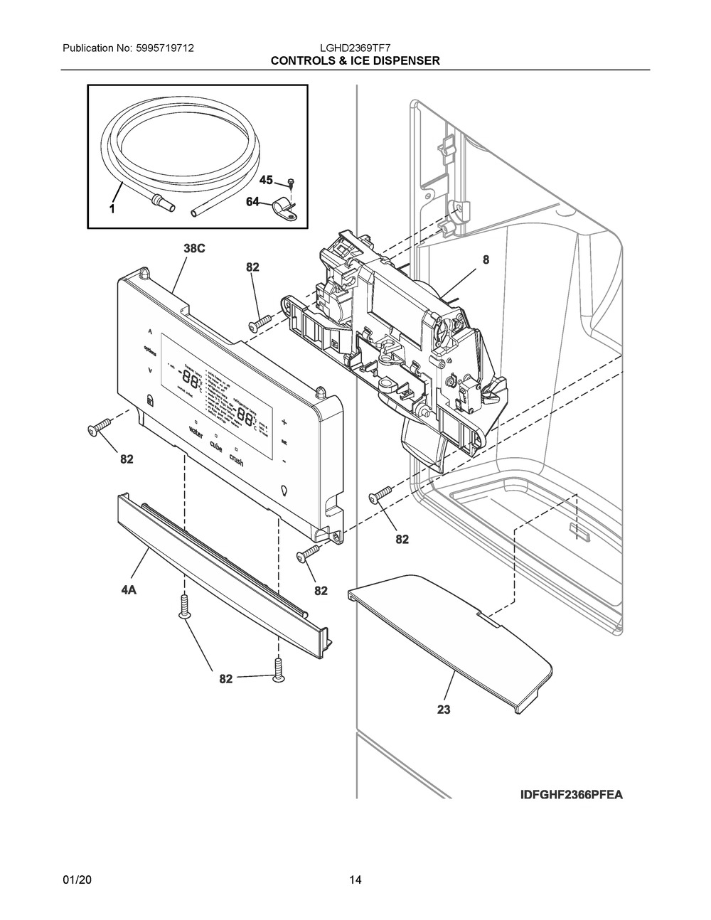 Controls & Ice Dispenser Diagram and Parts List for LGHD2369TF7  Frigidaire Refrigerator