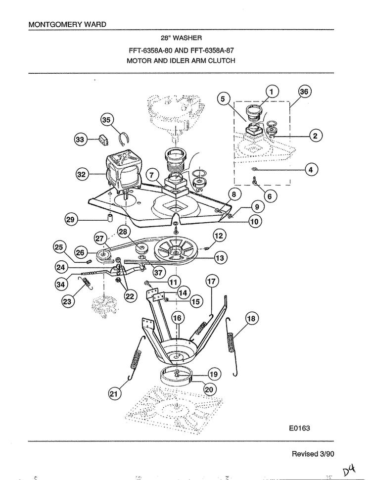 28" Washer/motor And Idler Arm Clutch Diagram and Parts List for 6358A  Frigidaire Washer