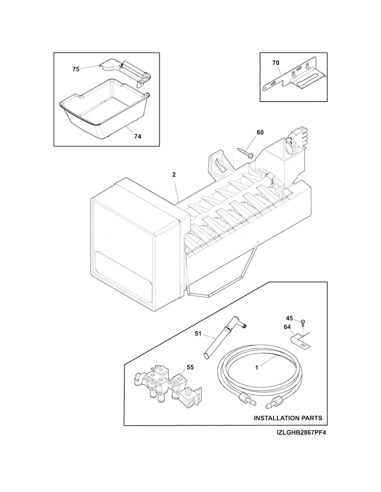 Freezer Ice Maker Diagram and Parts List for LGHB2867PFGA  Frigidaire Refrigerator