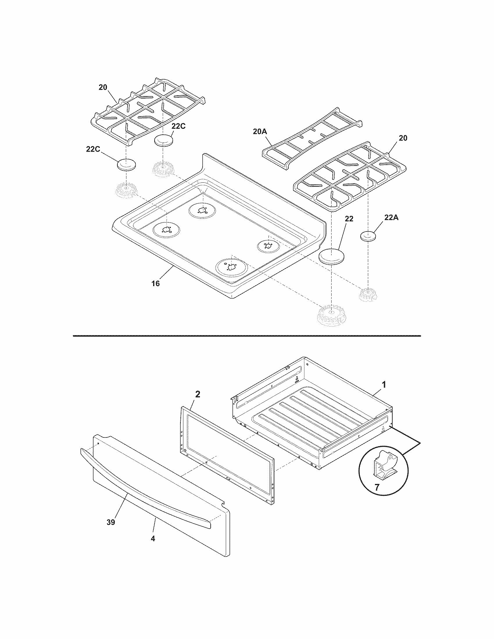 Top/drawer Diagram and Parts List for 79072633210  Kenmore Range