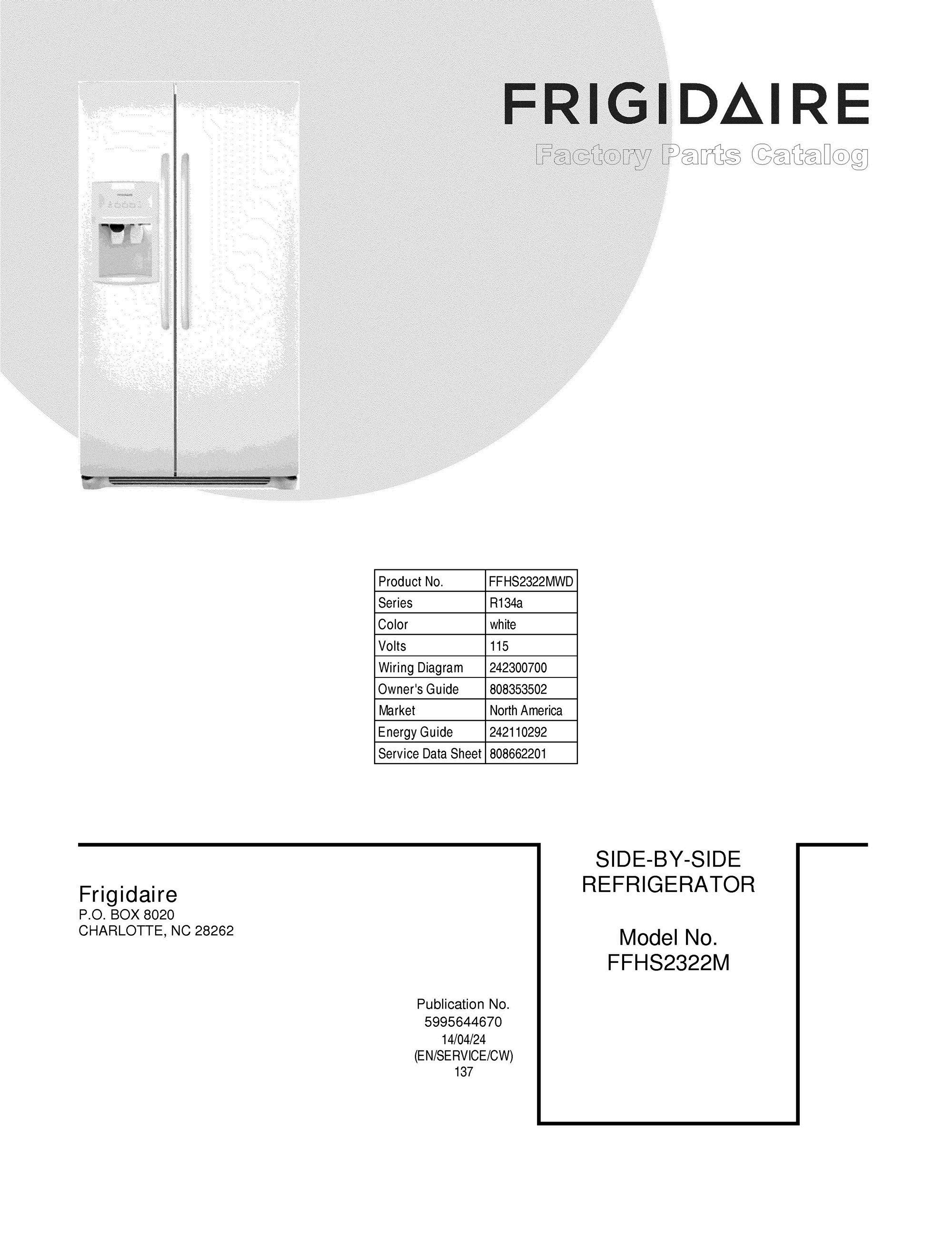 01 - COVER Diagram and Parts List for FFHS2322MWD  Frigidaire Refrigerator
