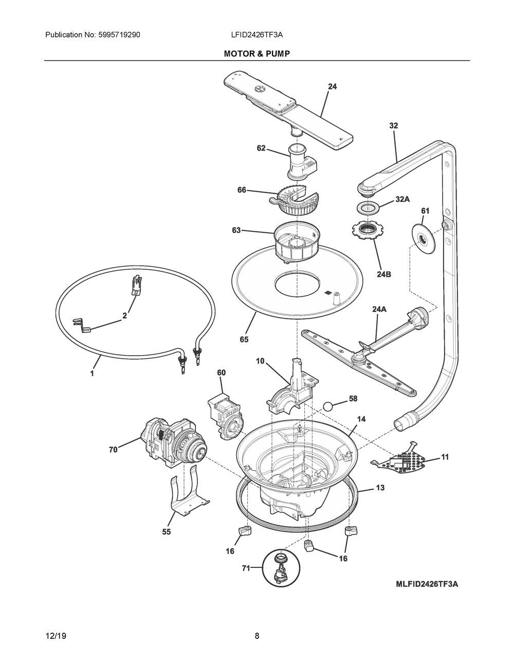 Motor & Pump Diagram and Parts List for LFID2426TF3A  Frigidaire Dishwasher