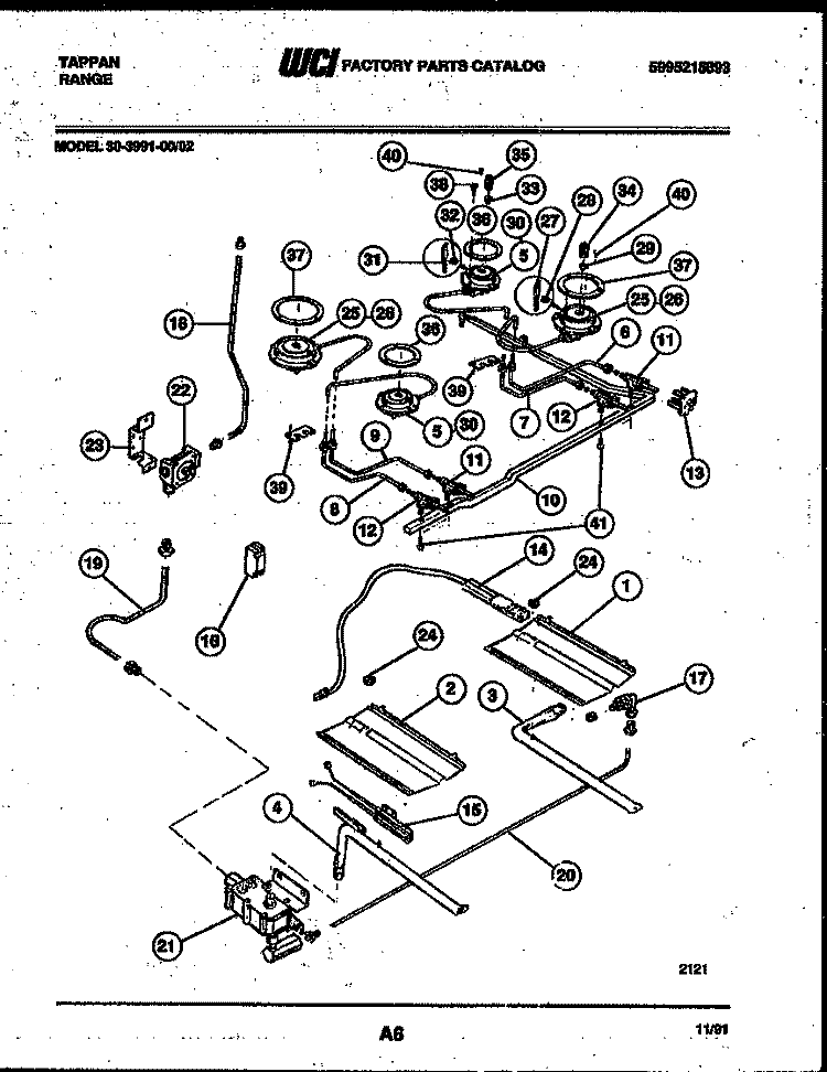 BURNER, MANIFOLD AND GAS CONTROL Diagram and Parts List for 30-3991-00-02  Tappan Range