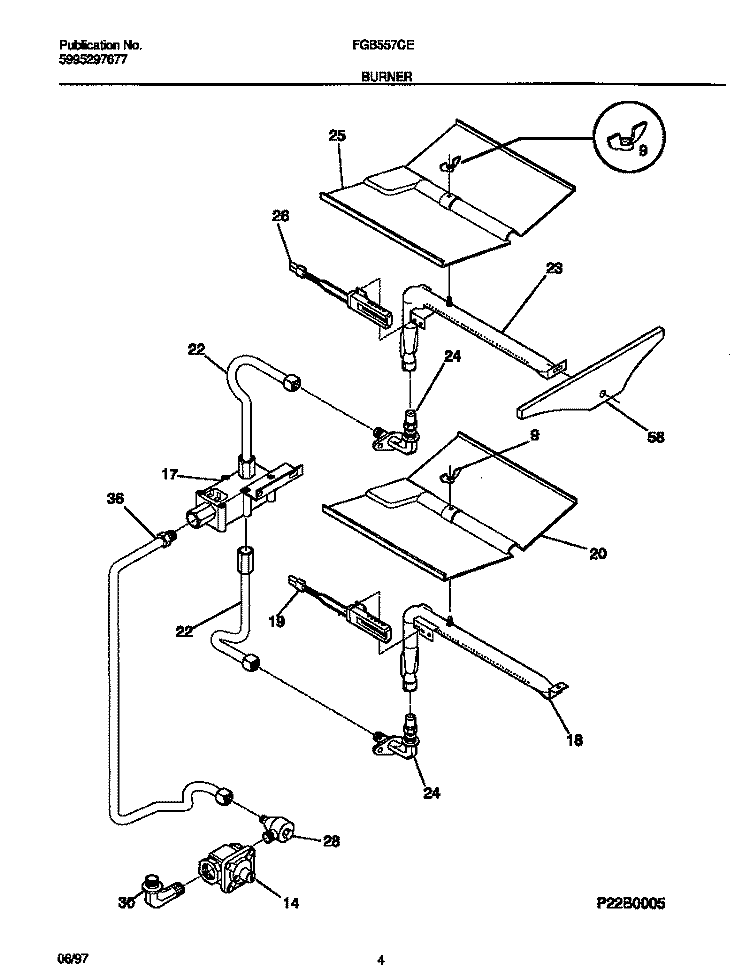 BURNER Diagram and Parts List for FGB557CEBB  Frigidaire Wall Oven