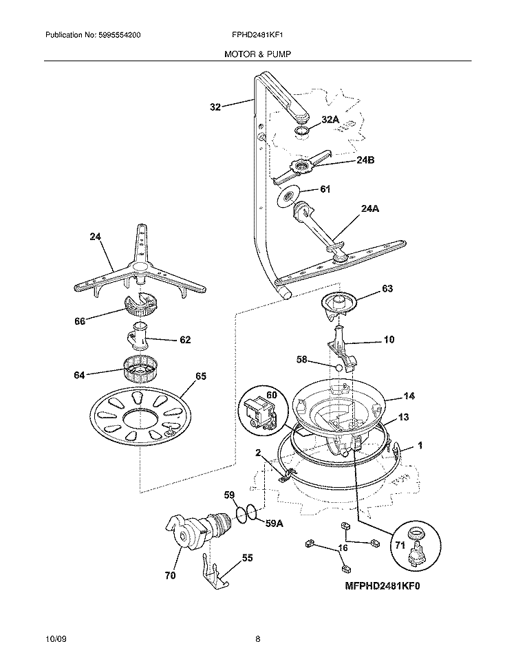 MOTOR & PUMP Diagram and Parts List for FPHD2481KF1  Frigidaire Dishwasher