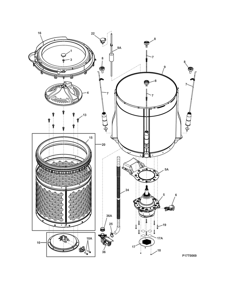 Motor/tub Diagram and Parts List for FFLG4033QT0  Frigidaire Washer Dryer Combo