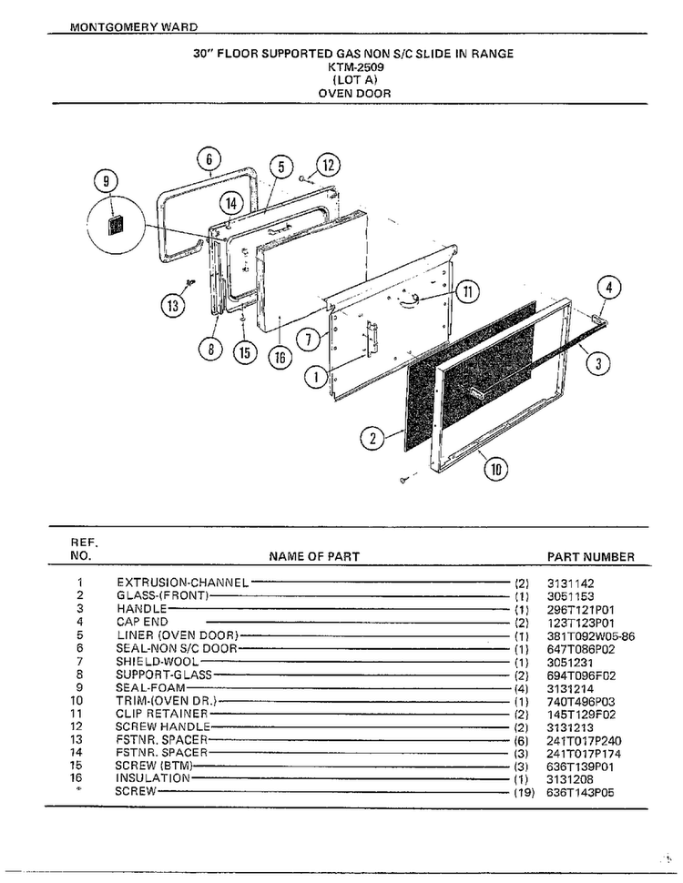 Oven Door Diagram and Parts List for 2509A  Frigidaire Range