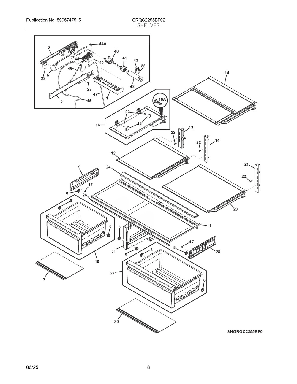 Shelves Diagram and Parts List for GRQC2255BF02  Frigidaire Refrigerator