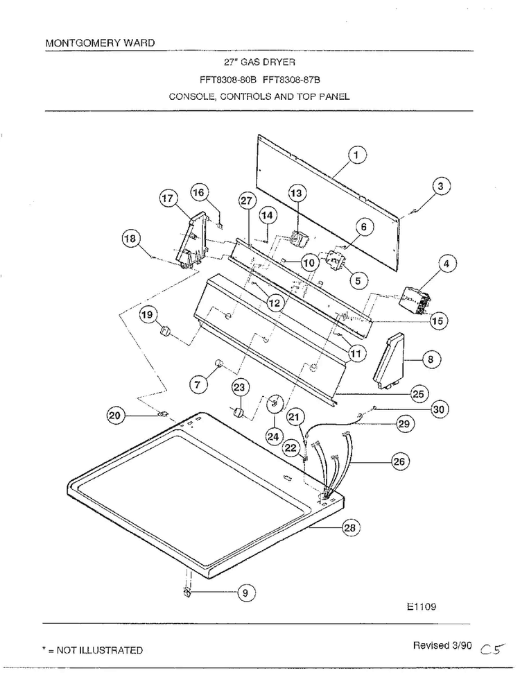 Console, Controls And Top Panel Diagram and Parts List for 7308B  Frigidaire Dryer