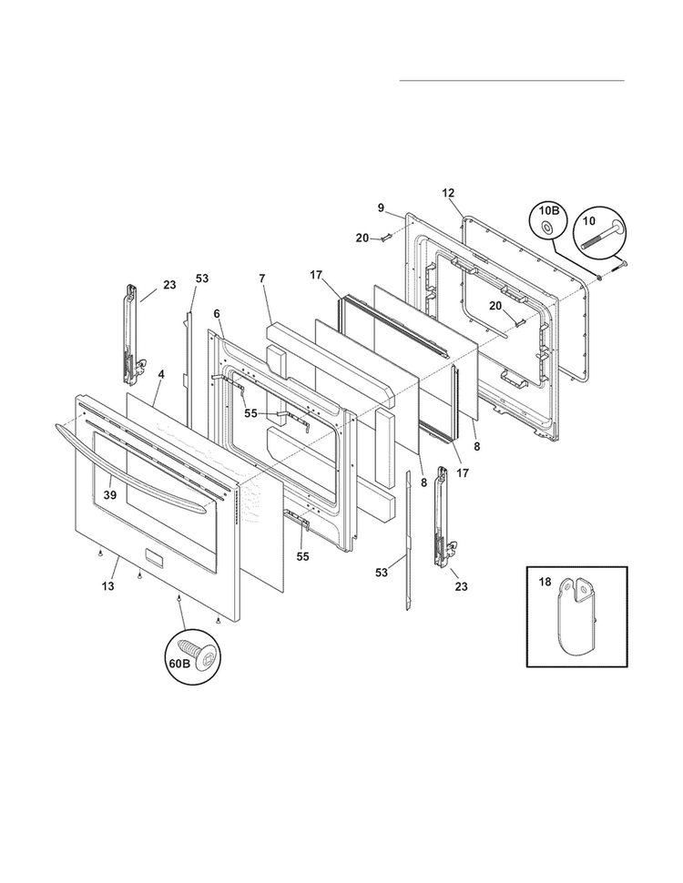 Door Diagram and Parts List for LGEF3043KFJ  Frigidaire Range