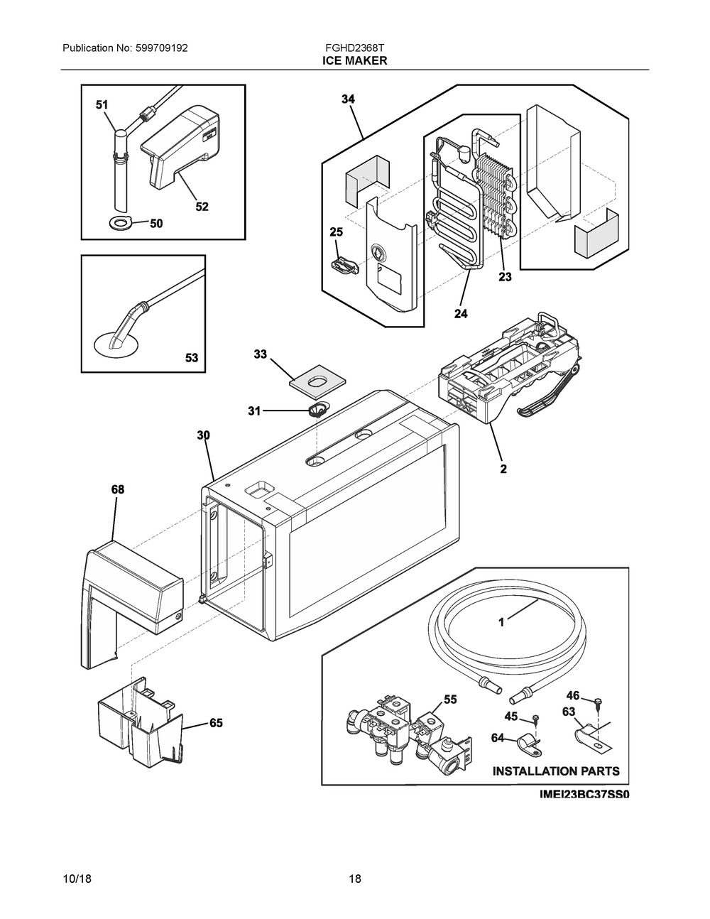 Ice Maker Diagram and Parts List for FGHD2368TF4  Frigidaire Refrigerator