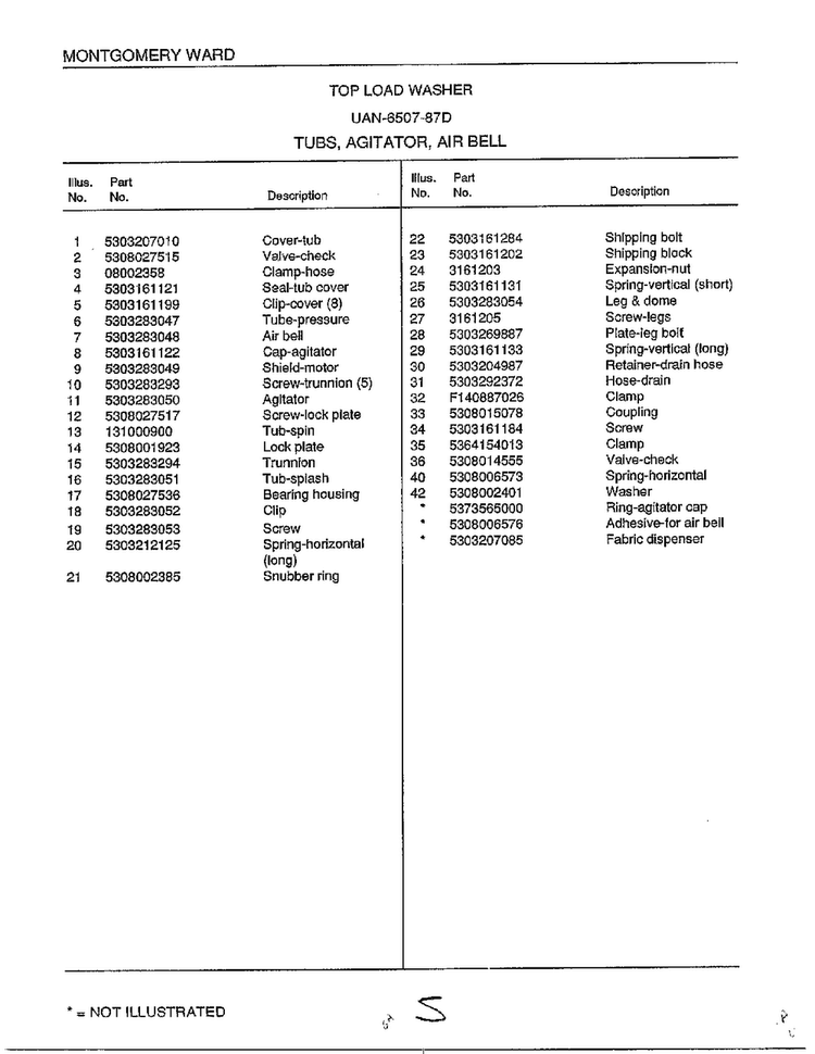 Tubs/agitator/air Bell Page 2 Diagram and Parts List for 6507-87D  Frigidaire Washer