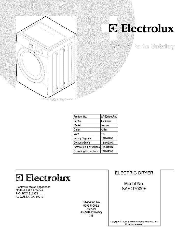 COVER Diagram and Parts List for SAEQ7000FS0  Electrolux Dryer