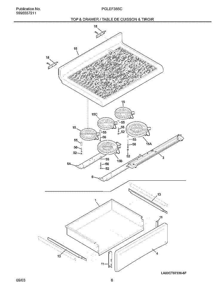 TOP/DRAWER Diagram and Parts List for PGLEF385CQ2  Frigidaire Range