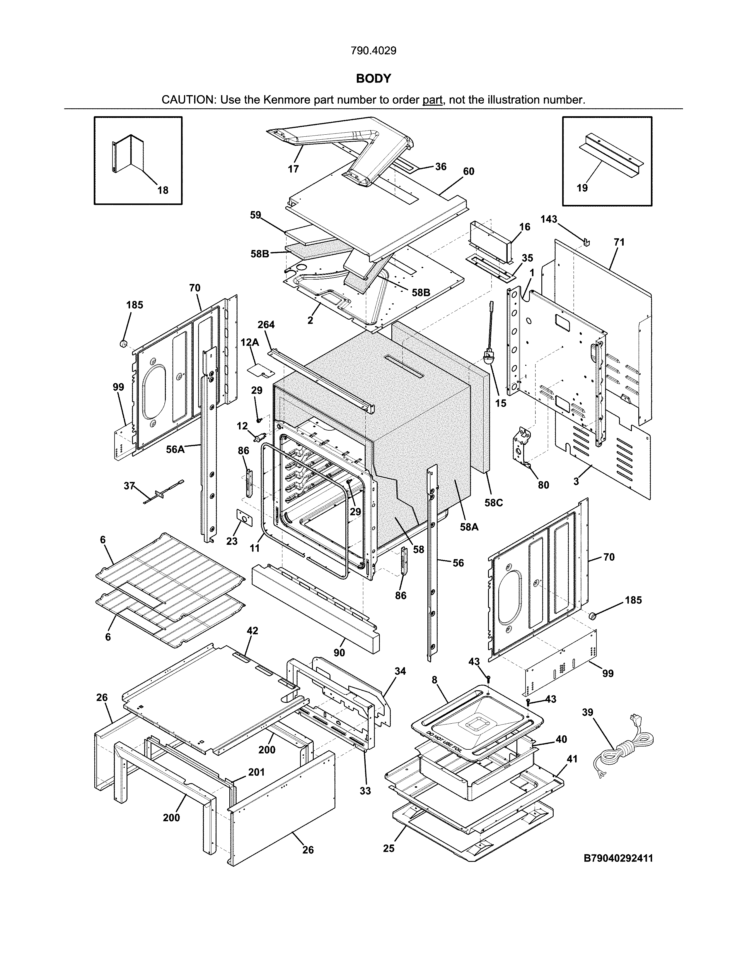 Body Diagram and Parts List for 79040292411  Kenmore Wall Oven
