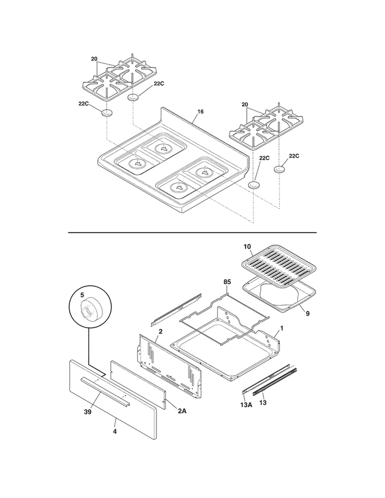Top/drawer Diagram and Parts List for FFGF3013ZWA  Frigidaire Range