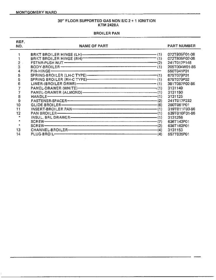 30" Floor/broiler Pan Page 2 Diagram and Parts List for 2428A  Frigidaire Range