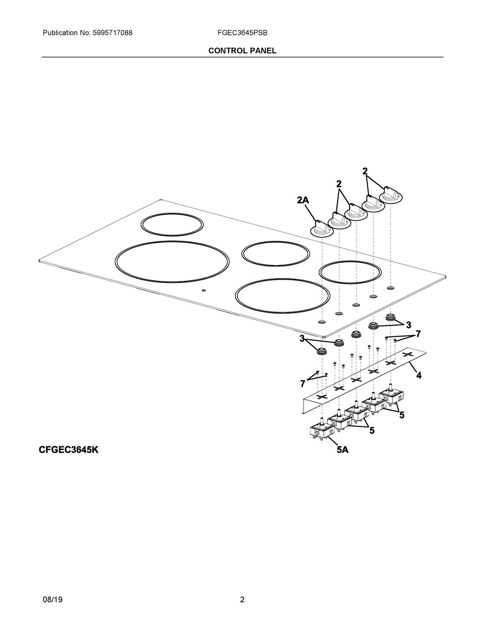 Control Panel Diagram and Parts List for FGEC3645PSB  Frigidaire Cooktop