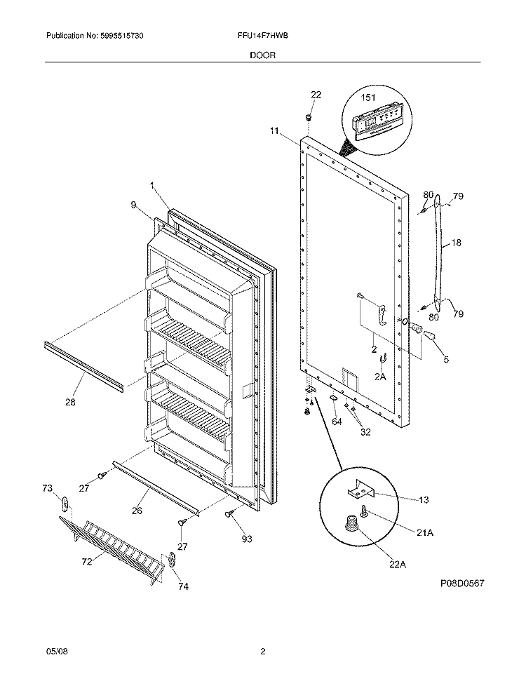 DOOR Diagram and Parts List for FFU14F7HWB  Frigidaire Freezer