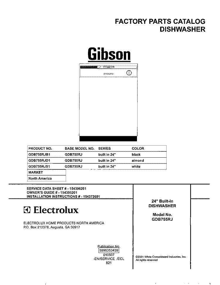 COVER Diagram and Parts List for GDB755RJS1  Gibson Dishwasher