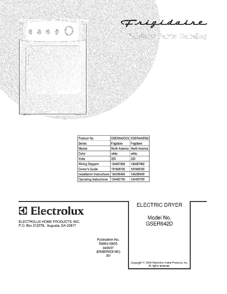 COVER Diagram and Parts List for GSER642DS0  Frigidaire Dryer