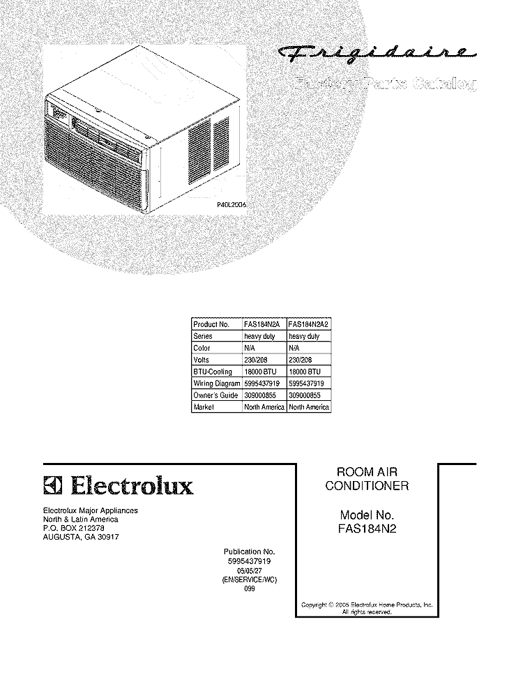 COVER Diagram and Parts List for FAS184N2A2  Frigidaire Air Conditioner